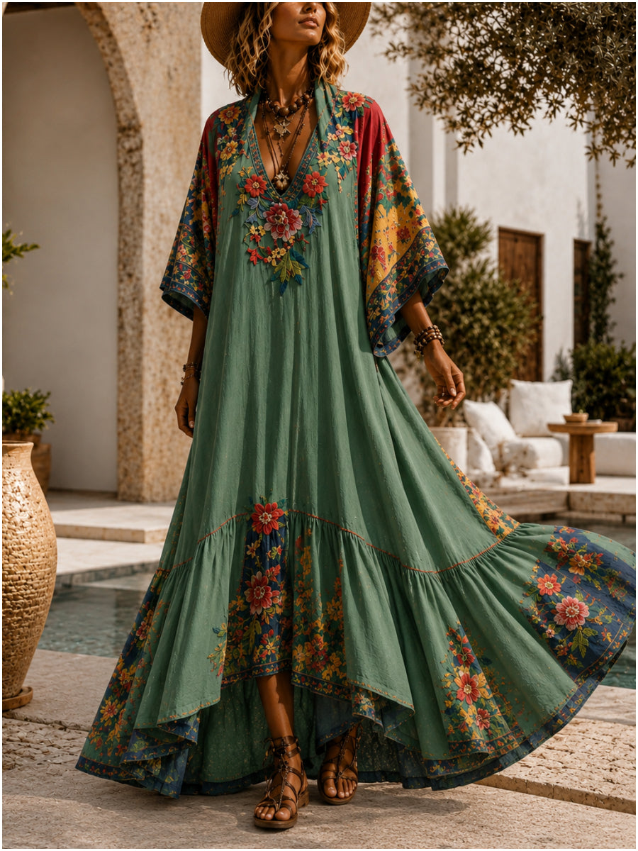 Retro Style Art Printed Vintage Camisole Dress Long Sleeve Two-Piece Maxi Dress